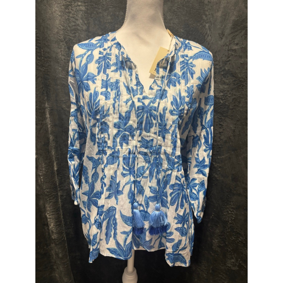 NWT Ellie Tahari Blue & White Floral Boho Blouse with 3/4 Puff Sleeves Size M - Picture 2 of 9